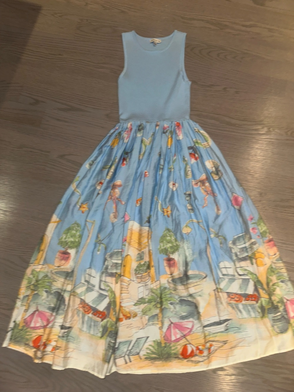 Moon River Light Blue Maxi Dress with Multicolor Beach Print
